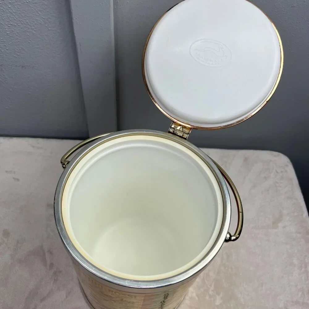 Vintage Kraftware Ice Bucket Martini Rossi King William Piper Gold Tone Flip Lid